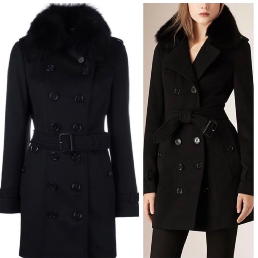 Burberry wool cashmere trench coat with removable fur collar